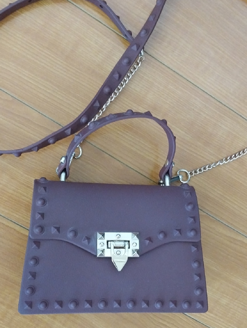 Stud-Accent Mini Top-Handle Bag in Plum Color Crossbody Satchel
